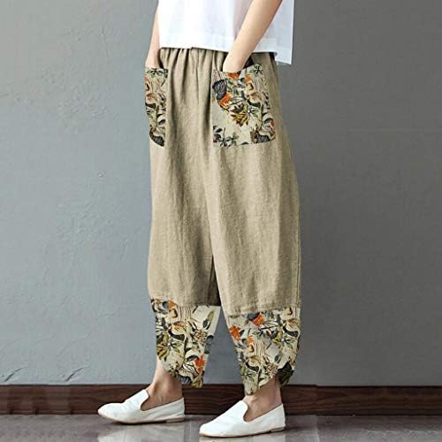 Calças de linho de algodão feminino, feminino Floral Paisley perna larga de verão Capri Pants Praia cintura elástica