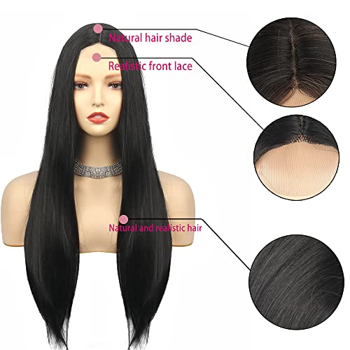 Lametope Long preto renda reta perucas dianteiras sintéticas Cabelos de renda preta de renda para mulheres HD Lace Frontal Wig Parte