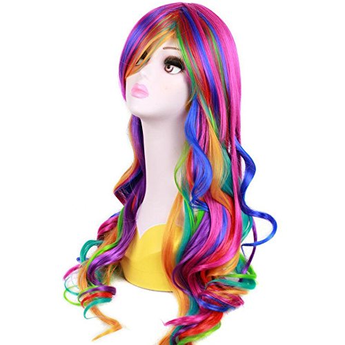 Peruca de berron arco -íris longa peruca encaracolada com franja para mulheres perucas coloridas longas ondulações de arco