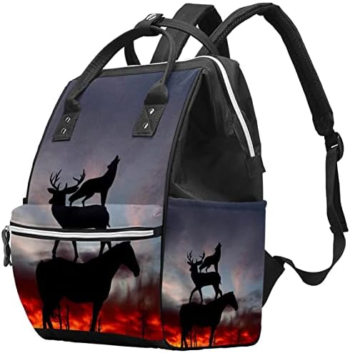 Mochila de viagem Guerotkr, bolsa de fraldas, bolsas de fraldas de mochila, pôr do sol de cavalo de veado de lobo