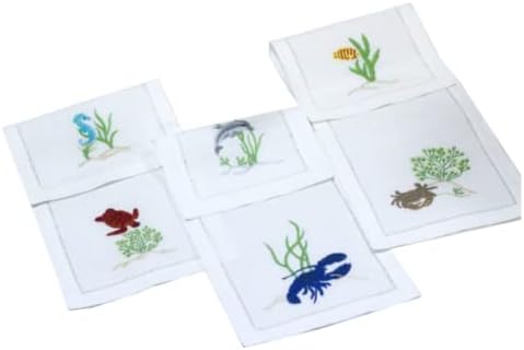 Quang Thanh Bordado - Conjunto de 6 guardanapos de coquetel mix bordados com design de animais marinhos, guardanapos ecológicos,