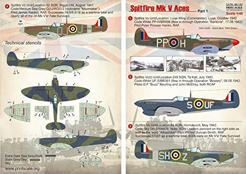 Decalque para o avião Spitfire MK v Aces, Parte 1 Aeronaves 1/48 Escala de impressão 48-122