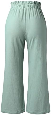 Calças de linho de algodão para mulheres, altas pernas largas Palazzo Capri Capri Summer Trendy Paperbag Cropped calças