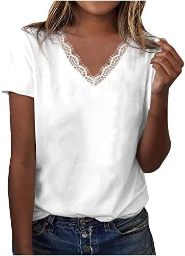 Camisetas de impressão floral feminina t Tamas de renda de manga curta V de pescoço 2023 Camisas casuais gráficas de verão