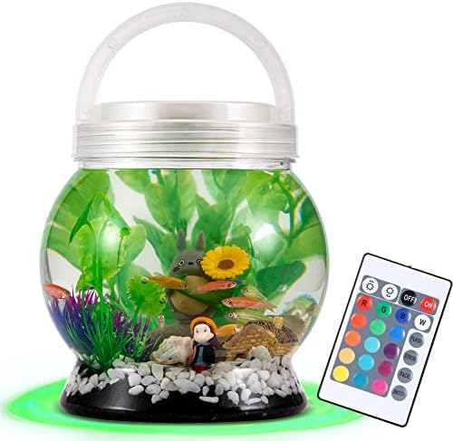 La Ken Du, pequenas decorações de tanques de peixes Betta Tetra Conjunto-aquário com iluminação LED de 20 cores, aquário leve da noite para crianças, 0,5 galões, transparente