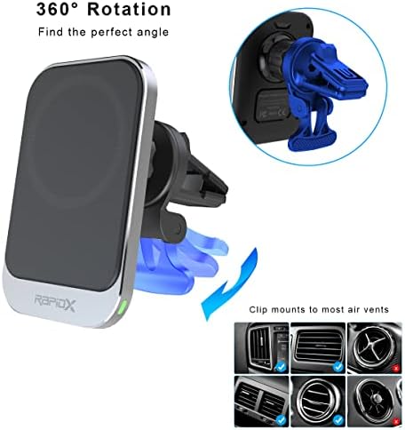 RAPIDX DASHIO MW1 Montagem de ventilação e Magnetic Wireless Charger Pad, até 15W, para iPhone 14/13/12 e mais recente,