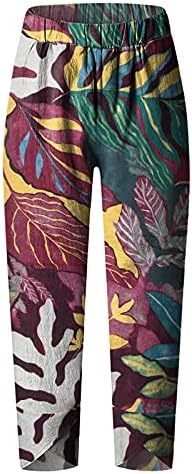 Calças de linho de algodão Capri Women Women Summer Casual Capri Pants com bolsos calças de harém floral com cintura alta
