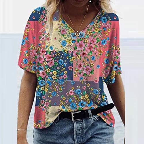 Camiseta impressa da moda para mulheres em todo o colorido padrão floral blusas verão v pesco