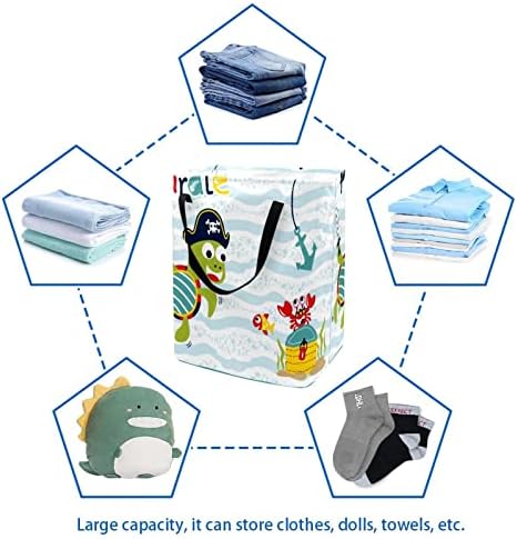 Cute do desenho animado Ocean Turtle pirata estampa de lavanderia dobrável, cestas de lavanderia à prova d'água de 60L