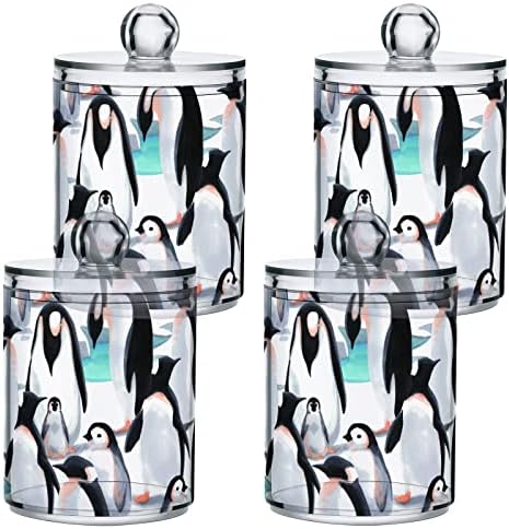 Aquarela Penguins Cotton Swab Suports Recipientes de banheiro Jarros com tampas conjuntos de algodão Round Round Suports Para cotonete de cotonete Roupas de banheira Sais de banheiro Armazenamento de banheiro, 2 pacote