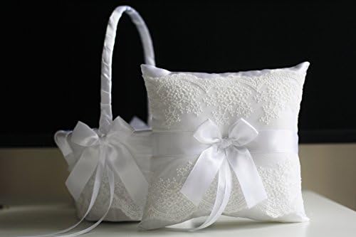 Alex Emoções Branco Flor Girl Basket & Ring Porter Pillow Set Coleção de renda | Suporte do anel branco | Cesta de casamento