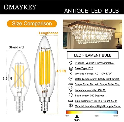 OMAYKEY 10W Alto LED luminado Bulbo 3000K Branco macio, 90W equivalente 900LM Dimmable, E12 Base Vintage Edison B11 / C35 Vidro