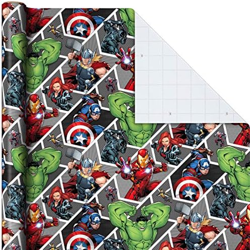 Hallmark Vingadores que envolvem papel com linhas cortadas no contrário com o Capitão América, Homem de Ferro, Viúva Negra, Thor