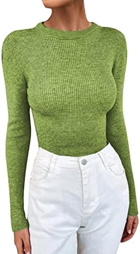 Blusa de camisa de suéter de manga comprida redonda do pescoço feminino
