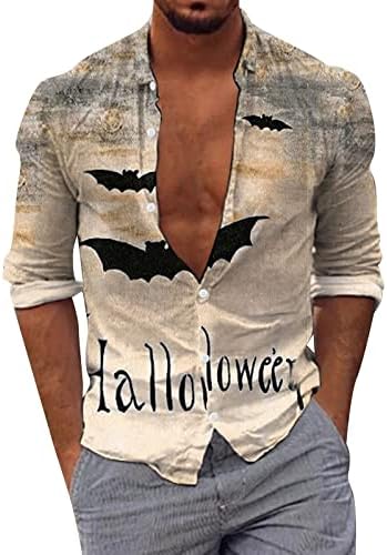 XXBR Men's Casual Button Down Camisetas, Halloween Bat Print Collar Shirt Hawaiian Camisa formal de manga longa Tops de praia