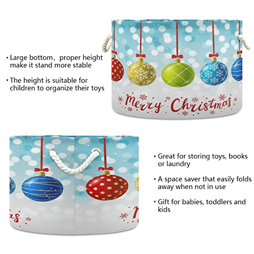 Kigai Feliz Natal Bola grande cesta de armazenamento redondo com alça, cestas de lavanderia decorativa dobrável para cobertor, corda de algodão Brinquedos Towels Bursery Towel