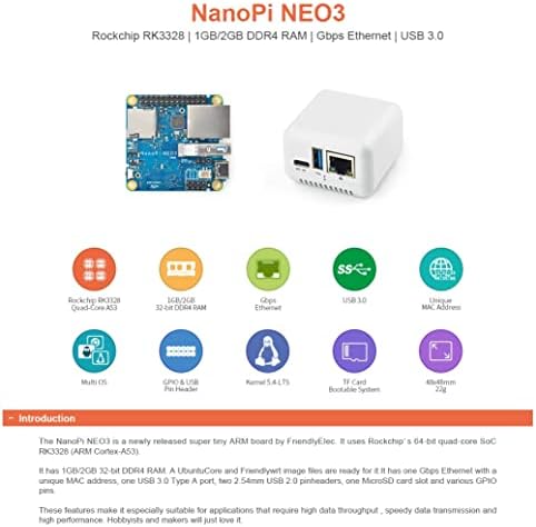 Frielelec Nanopi Neo3 RockChip RK3288 Computador de placa única de braço minúsculo com 2 GB de RAM USB3.0, GBPS Ethernet