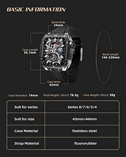 Kit de retrofit de banda de relógio de metal precioso Cnhkau para Apple Watch 7 8 Ultra 45mm Fluorine Rubber Strap+Caso,