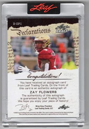Zay Flowers RC Auto 2023 Declarações de folhas de folha /21 Autograph Rookie Boston College MT-MT+ NFL Football NCAA XRC