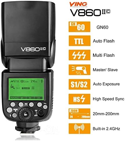 Câmera Flash Speedlite Flash Speedlite da câmera GODOX V860II-C V860IIC para Canon, 2,4g TTL Flash Speedlight Gn60 1/8000s HSS, 650 Flashes de potência completos com a bateria de Li-on de reposição GODOX VB18