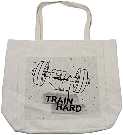 Bolsa de compras de Ambesonne Fitness, mão segurando um esboço de grunge haltere, obtenha uma ilustração forte de trem
