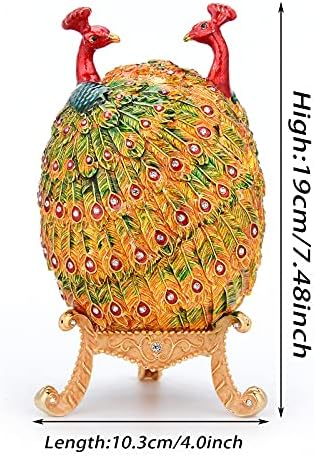 Qifu com mais de 7 '' h faberge ovo de ovo de ovo esmaltado caixa de bugigangas articulada, estatueta de pavão de casal colecionável,
