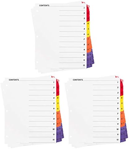 Divisores de guias para 3 ligantes de anel, 1-12 Página de índices com tabela multicolor personalizável do índice de conteúdo divisor, resistente a lágrimas-3 conjuntos