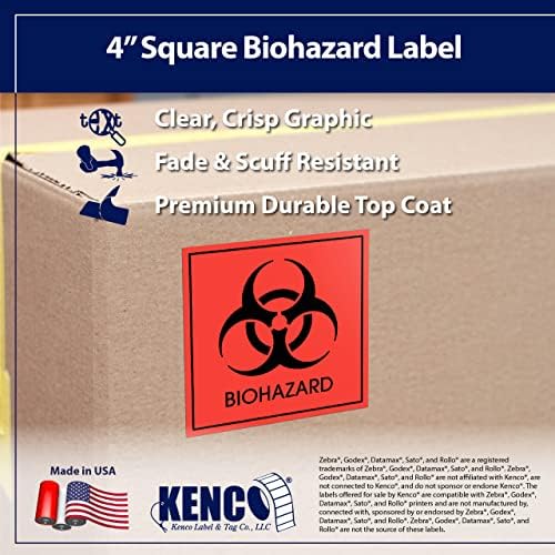 Etiquetas de aviso de biohazard de 4 x 4 polegadas, adesivos perigosos de laranja fluorescente, 250 rótulos por rolo para uso médico e industrial e muito mais - feitos nos EUA por Kenco