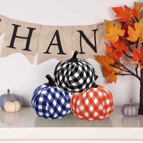 Decoração de Ação de Graças colheita de abóboras xadrezes de outono conjunto de três decorações pretas azuis laranja