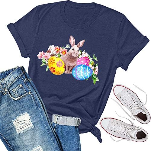 Camisas de Páscoa para mulheres Casual Casual Coelho Rabbit Graphic Summer Bush Tees Crew pescoço Camisas de treino de manga