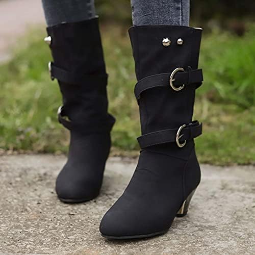 Oiangi Womens Chunky Heel Botas Mid-Calf Fashion Round Toe Belt Belt Burchle Craveded Square Sapta High Boots Trendy