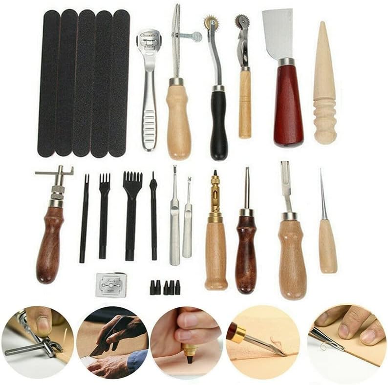 18pcs Professional Vintage Leather Craft Tools Kit Ferramentas de trabalho de couro costurar