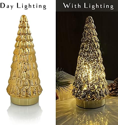 SHMILMH GOLD MERCURY VIDRO Árvore de Natal 1pcs, árvore de Natal de mesa com luz, bateria operada por pequenas árvores de natal para lareira decorações de peça central 10