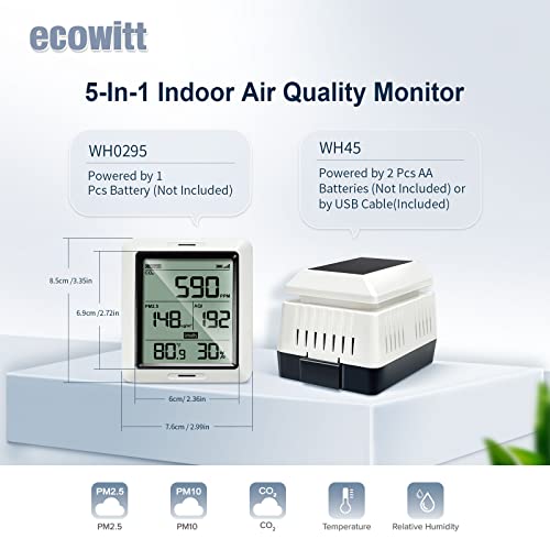 Ecowitt WH0295 Monitor de qualidade do ar interno sem fio, com WH45 pm2.5/ pm10/ co₂/ temperatura/ umidade 5 em 1 Sensor de qualidade do ar interno e console de exibição interna, índice AQI, calibração CO₂, 915 MHz