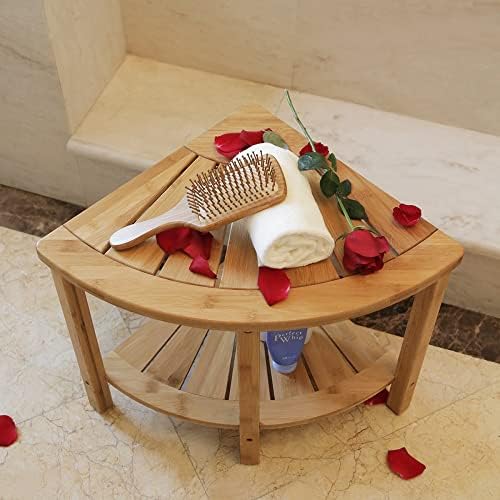 Banco de chuveiro de canto Zhuoyue e banquinho de chuveiro com prateleira de armazenamento, assento de canto para chuveiro, use como uma pequena mesa de canto