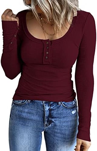 Camisetas de manga longa e beijo feminino casual henley top button buts blots brasic ritbed knit t camisetas