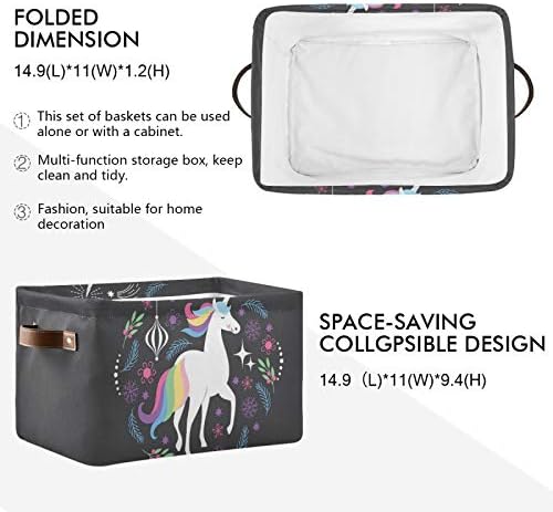 Qilmy 2pc cestas de armazenamento de lona com alças cesto colapsível para berçário de lavanderia de brinquedos de armário de banheiro organizador de banheiro, unicorn preto