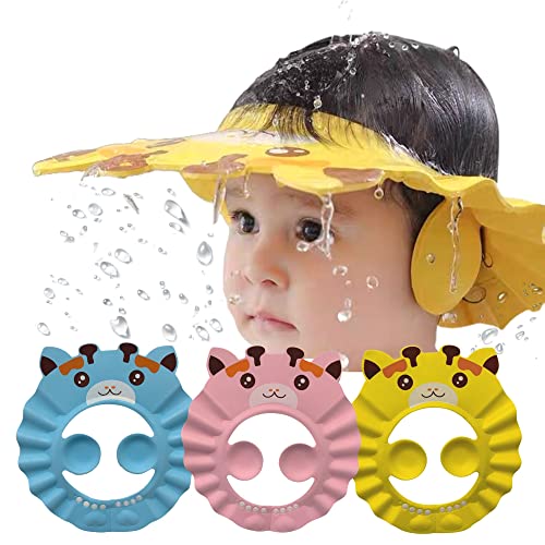 3pcs chá de bebê tampa rosa, azul e amarelo - touca de chuveiro ajustável para crianças com proteção para os ouvidos - impeça a entrada