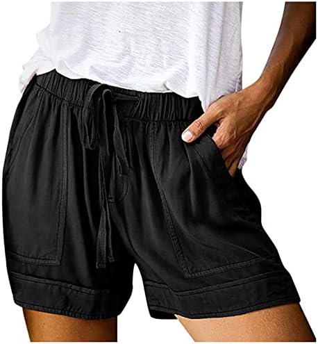 Shorts casuais de cintura alta feminino bolsões de cintura elástica de verão de tração de traço de batida larga shorts de