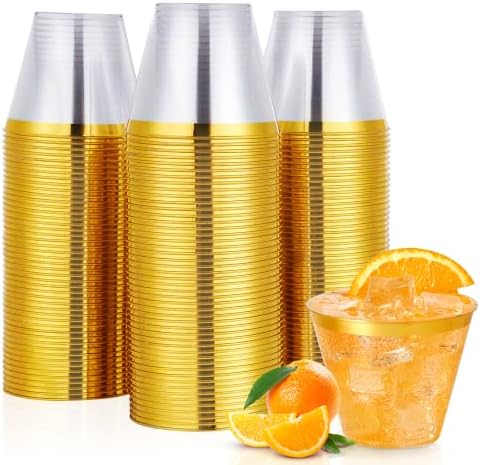 Vplus 100 pacote de 9 oz de copos de plástico com aro de ouro, xícaras de plástico descartáveis ​​e descartáveis,