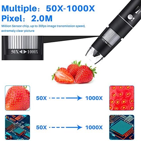 Câmera de inspeção de microscópio digital HD de bolso de 1080p com 8 luzes LED, ampliação 50x-1000X compatível com