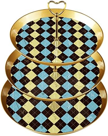 Dragonbtu 3 cupcake de camada com haste dourado plástico de sobremesa em camadas Tower bandeja azul amarelo marrom