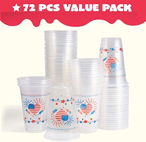 Joyin 72 PCS Cups de plástico patriótico, 4 de julho de copos descartáveis ​​claros com padrão de estrela vermelha e azul para suprimentos de partidos patrióticos, decoração de 4 de julho, Dia da Independência e Dia do Memorial
