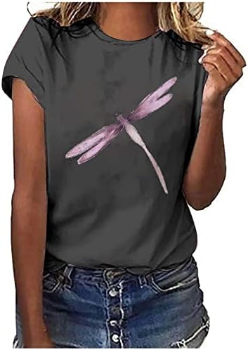T-shirt confortável de manga curta Dragonfly Print para mulheres da moda de moda redonda no pescoço casual tampa