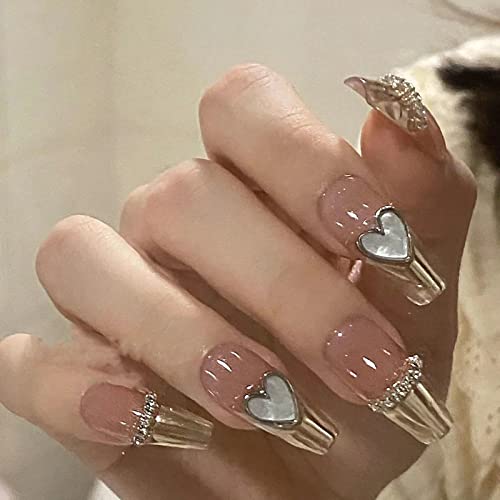 LOVAMIS FALSE NEWS LONGO, Pressione as unhas Coffin Dica francesa, Luxury 3D Mirror Effect Shiny Acrílico Falso unhas para mulheres,