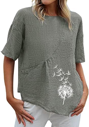 Tops de linho de algodão para mulheres bolsos de manga curta camisetas camisetas moda moda de leão de denússio blusa