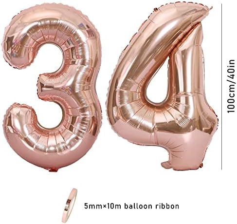 Ceqiny 40 polegadas 34º Balão Balão Mylar balão balão gigante balão alfabetista balão para festa de aniversário de festas de casamento Decoração do aniversário de fotos do chuveiro de noiva, balão de ouro rosa dígito 34 Balão