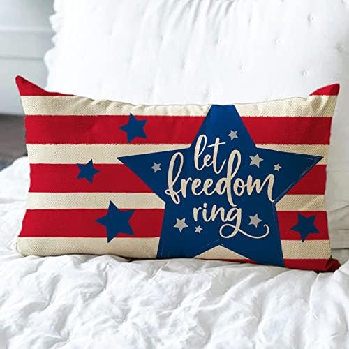 FJFZ 4 de julho Patriótico American Flag Stars and Stripes Lombar Decorativo Tampa de travesseiro 12 x 20, EUA Retangular