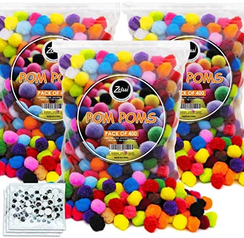 Zelssi Pom Poms - [Pacote de 2] 600 1 polegada Pom Pom Pom Balls + 200 Olhos Googly - Pompoms variados vibrantes para