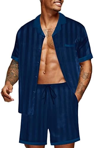 Ekouaer Men cetim pijamas de seda com bolsos short short shorts cetim Summer Loungewear 2 peças Button Down Set S-xxl